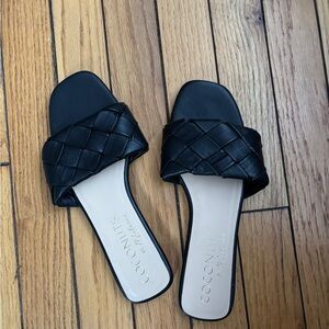 Black Woven Leather Slide Sandals